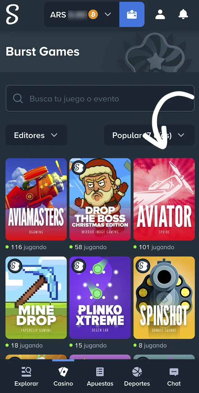 Entrá con tu perfil para buscar Aviator en el sitio Stake.