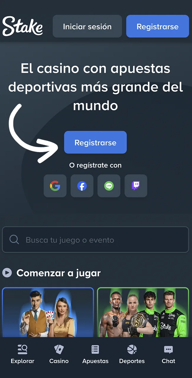 Presioná el botón para crear tu cuenta en el sitio oficial Stake.