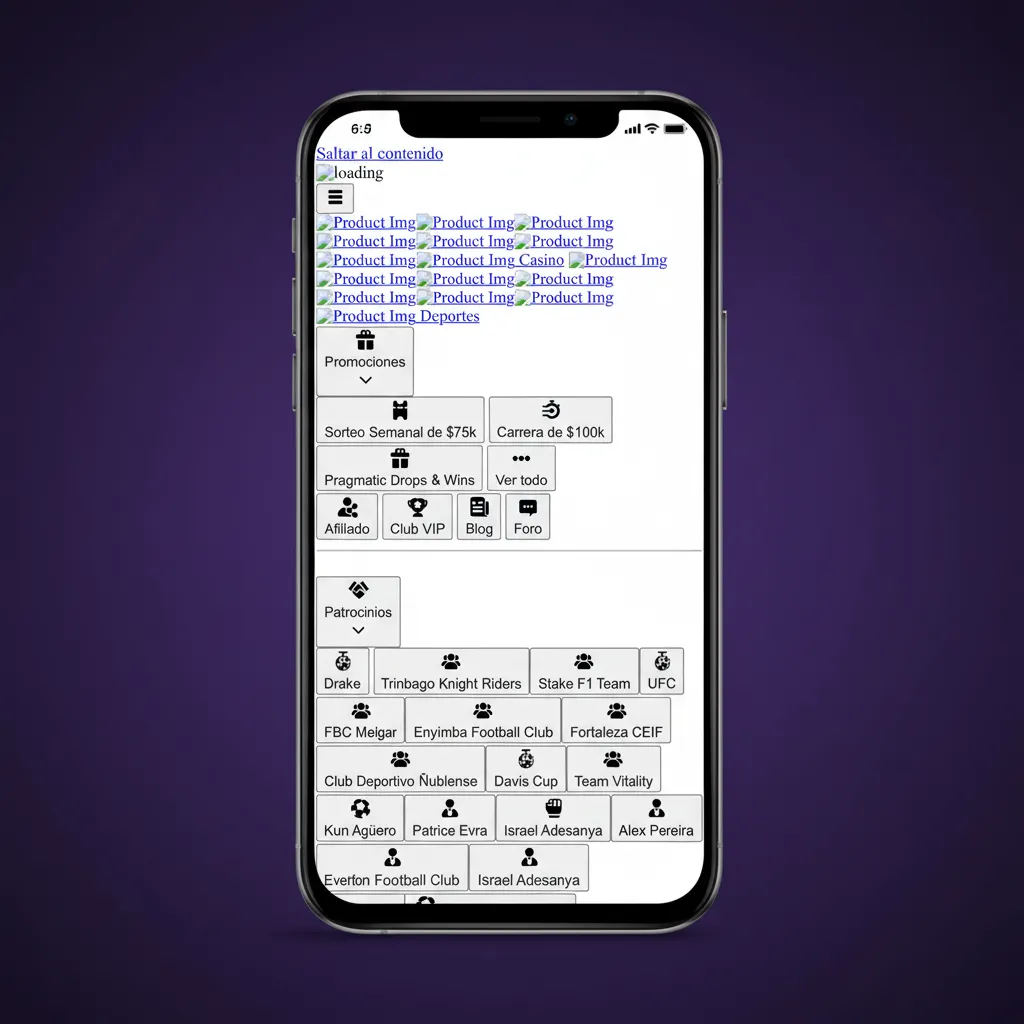 Interfaz móvil de Stake con diseño limpio: menús de deportes, casino y promos; botones de apostar, depositar y retirar.