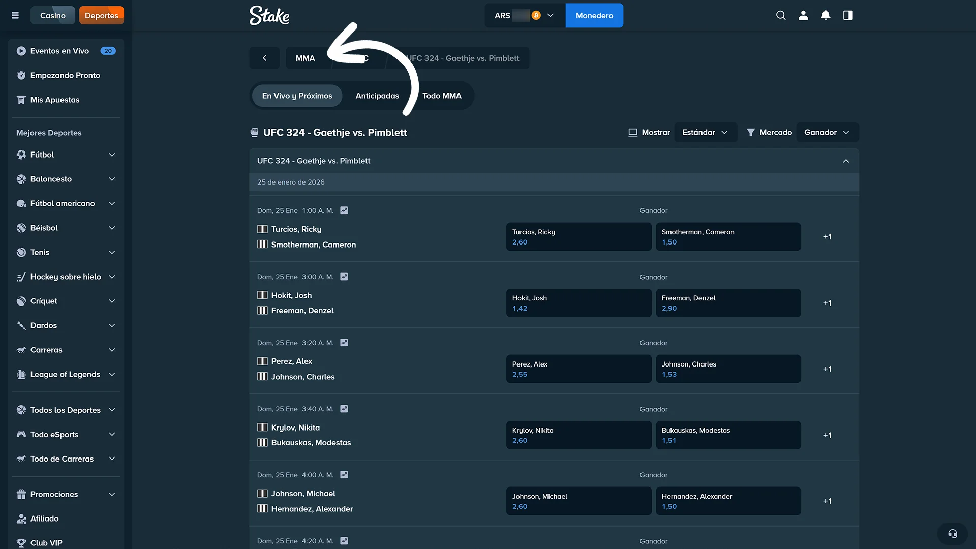 Navegá por la sección de combates dentro del sitio oficial Stake hoy.