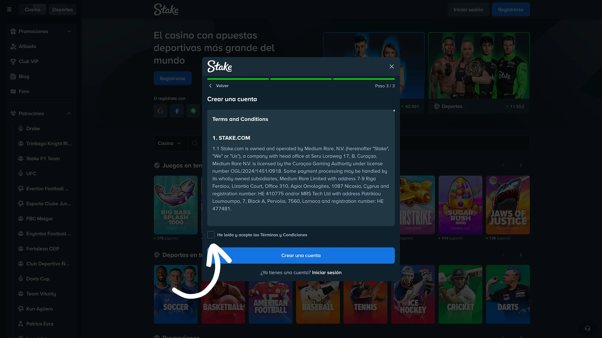 Términos legales en sitio oficial Stake.