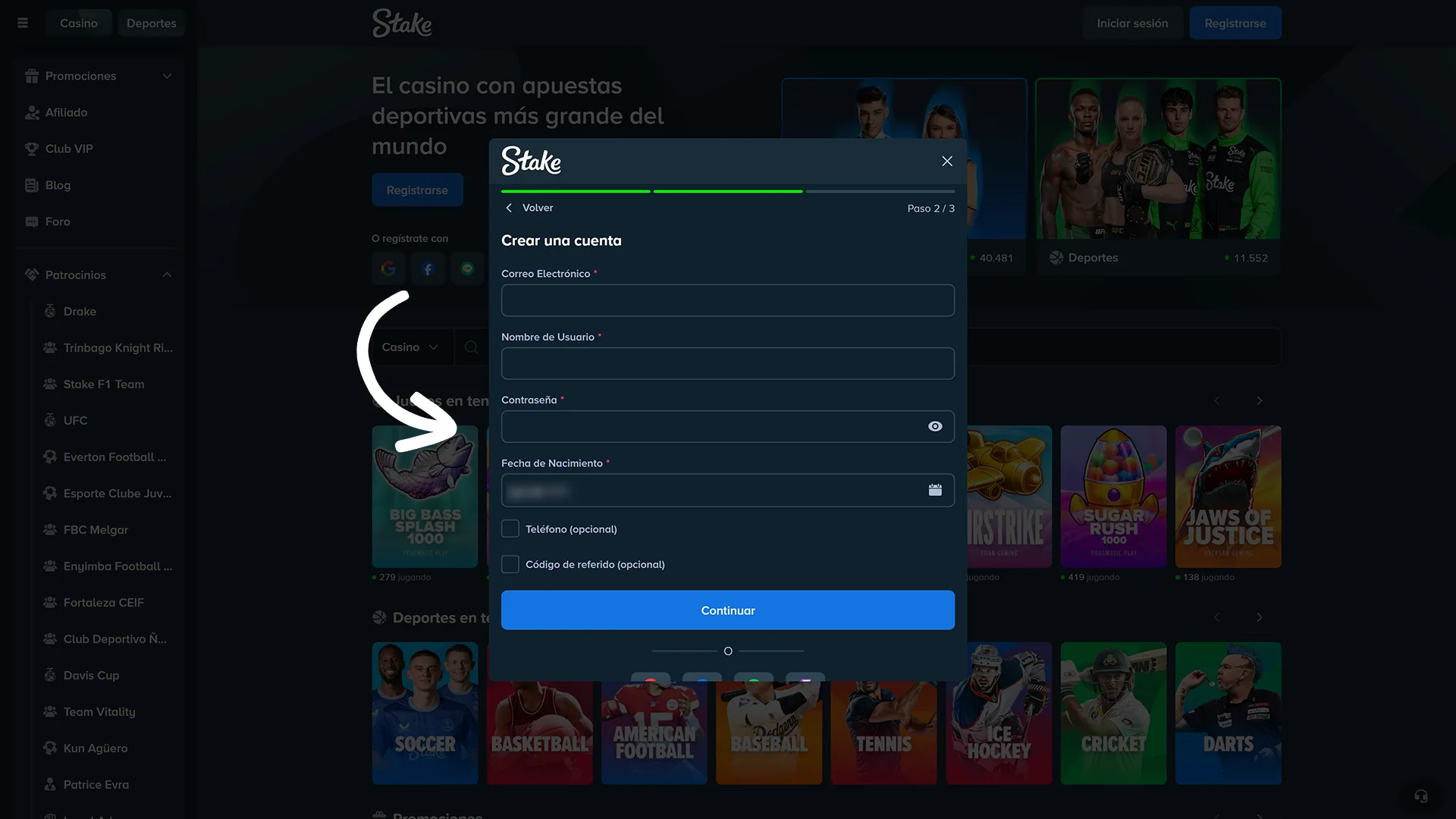 Formulario de datos en sitio Stake.
