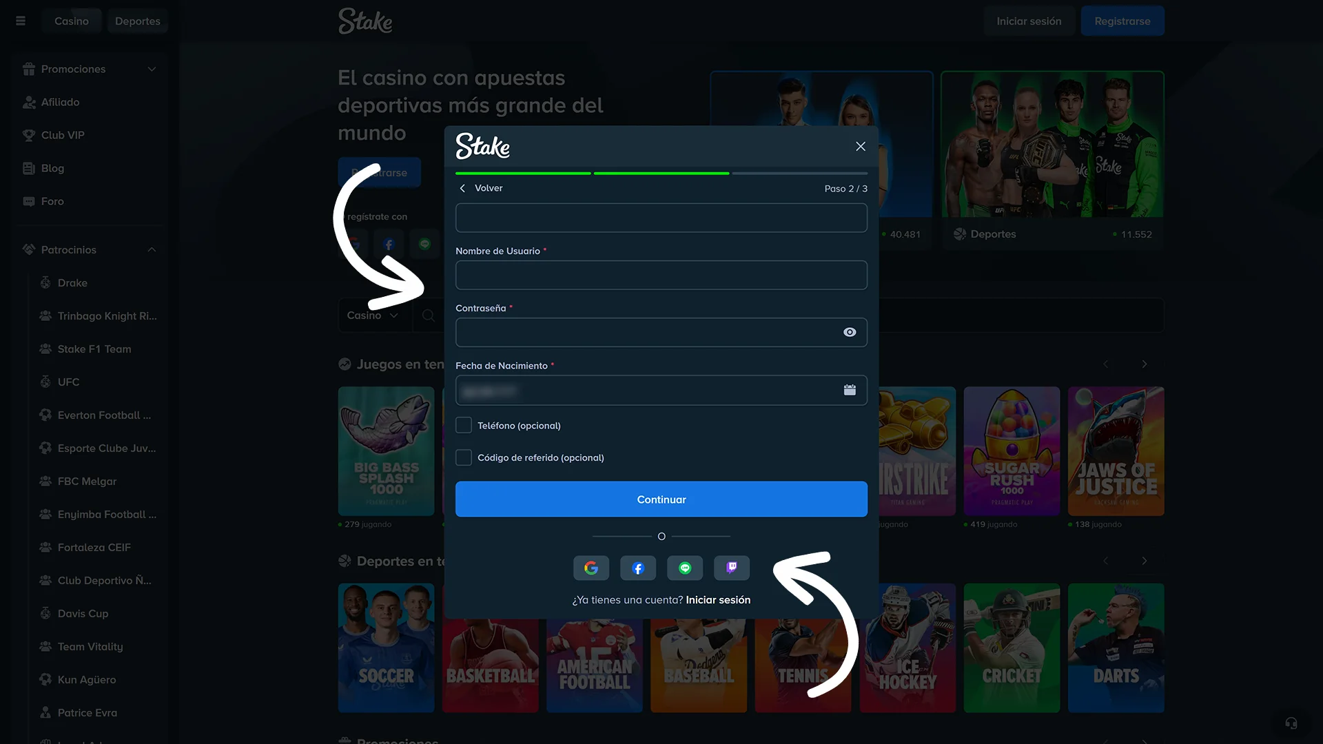 Métodos de registro en sitio Stake.