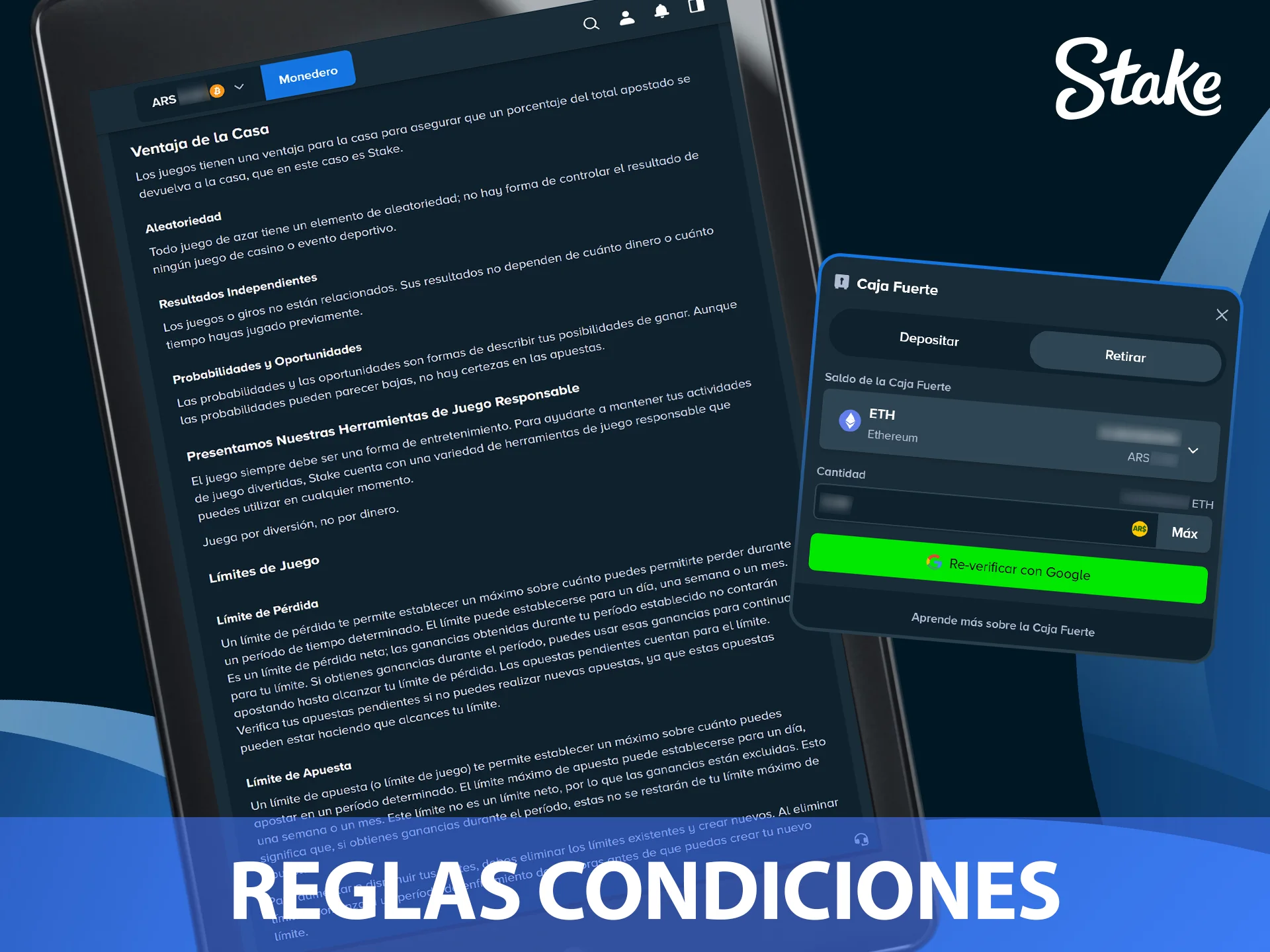 Leé las normas para retirar tus ganancias en el sitio oficial Stake.