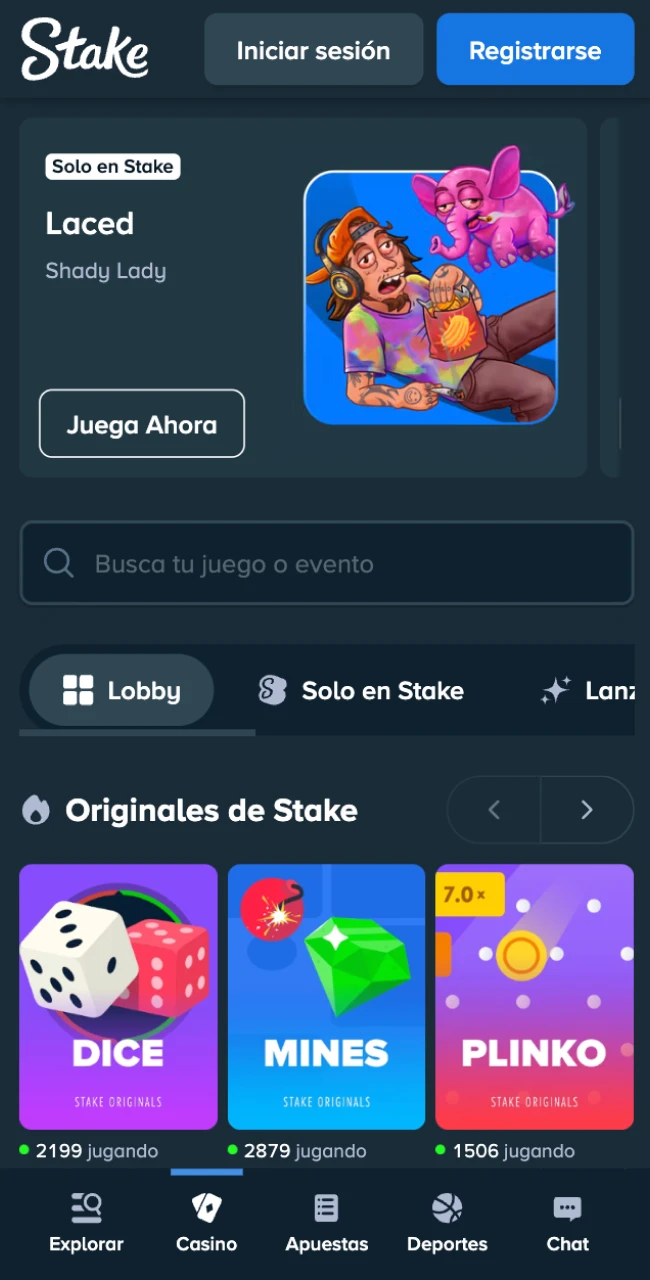 Explora la interfaz del casino en la App Stake para jugar a tus títulos favoritos.