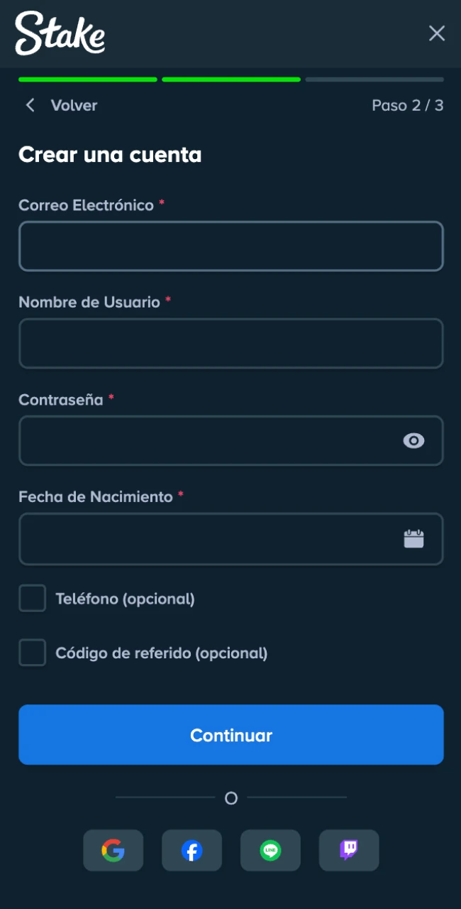 Utiliza la interfaz de registro de la App Stake para crear tu cuenta rápidamente.