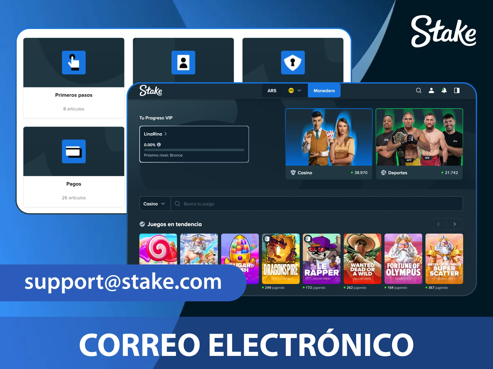 Envía un mensaje al correo electrónico oficial de Stake para recibir asistencia personalizada en Argentina.